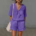 thumbnail image 2 of AHTJRT Women's 2 Piece Shorts Set Casual Cotton Linen Outfits V Neck 3/4 Sleeve Tops Summer Shorts Lounge Set Purple S, 2 of 10