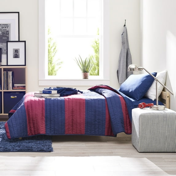 Dawn 7-Piece Twin Essentials in Ryan Stripe | Reversible Twin/Twin XL Comforter with Two Sheet Sets | Red & Navy Rugby Stripe