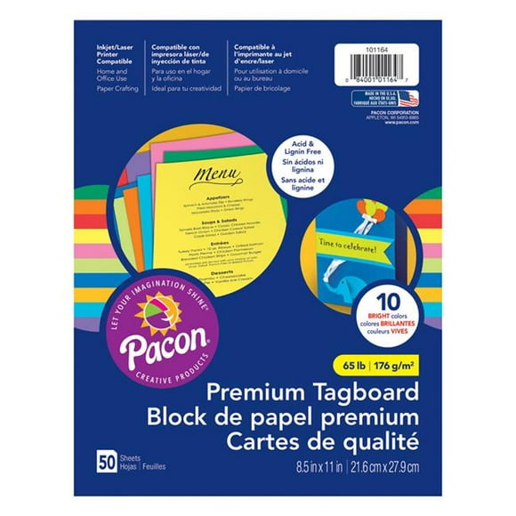 Pacon PAC101164-3 8.5 x 11 in. Premium Tagboard Brights Assorted 10 Colors - 50 Sheets - Pack of 3