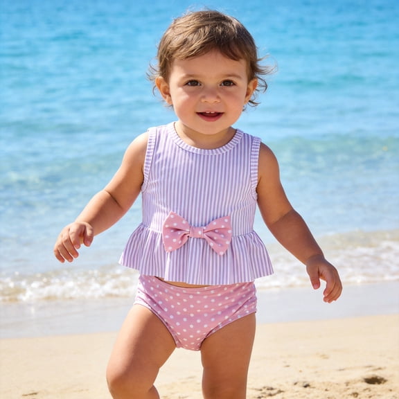 WELOIJEVBE 2 Piece Girls Swimsuit Summer Pink Striped​ Tankini Set Toddler Girls Swimwear Bathing Suits Beach Outfit Girl Swimsuit Size 18-24 Months