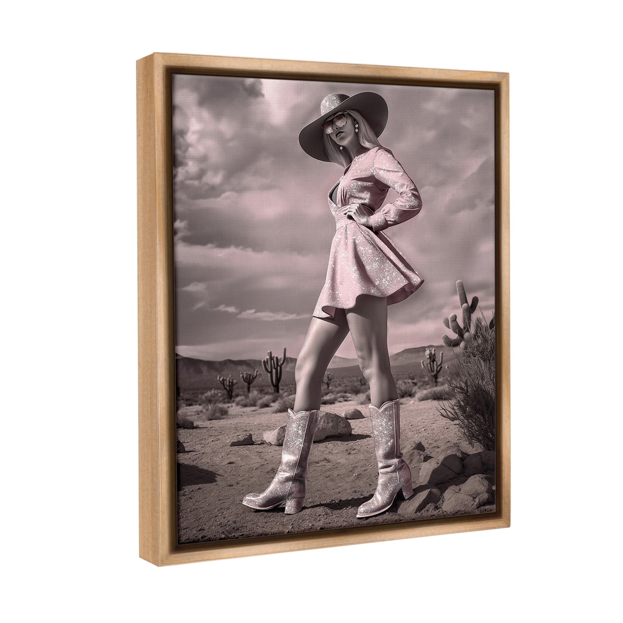 Stupell Industries Glam Cowgirl in Dress Beauty & Fashion Photography Brown Floater Framed Canvas Art Print Wall Art, 25 x 31
