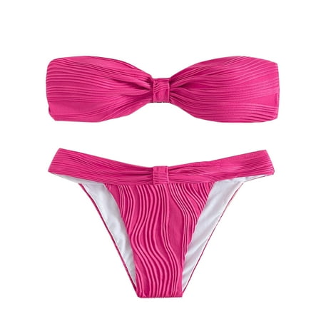 Arnsht Women Solid Color Fashion Ruffle Ribbed Bikini  Lace Up Bikinis Strapless Two Pieces Beach Vacation Swimsuit Hot Pink L