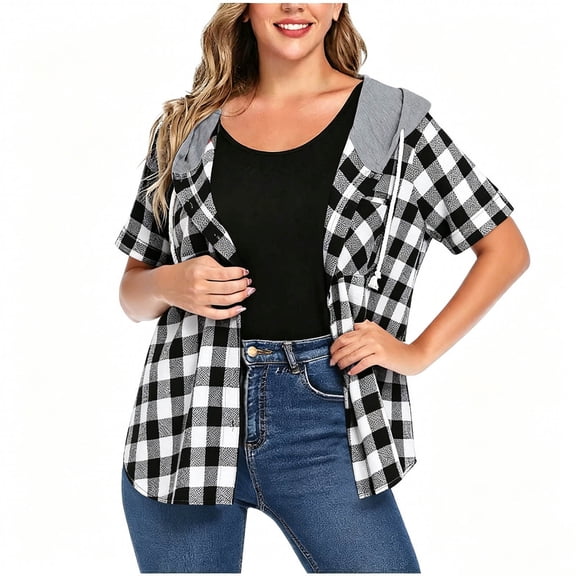 Setooff Womens Short Sleeve Tops, Hooded Buffalo Plaid Open Shirt, Pocket Loose Plus Size Blouses Casual Outerwear