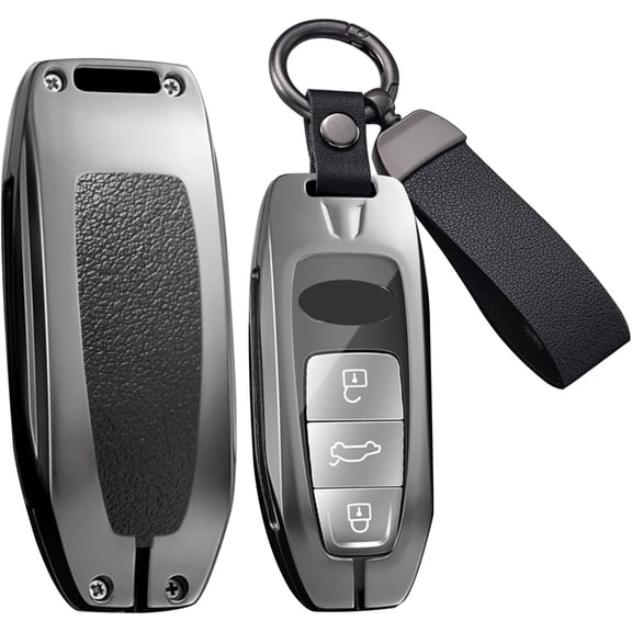 Key Fob Cover Compatible with Audi A6 A8 Q7 S6 A7 S7 E-Tron RS6 RS7 Q8 SQ8 SQ7 Accessories Alloy& Leather Smart Remote Key Shell Case with Keychains-Short Keychian