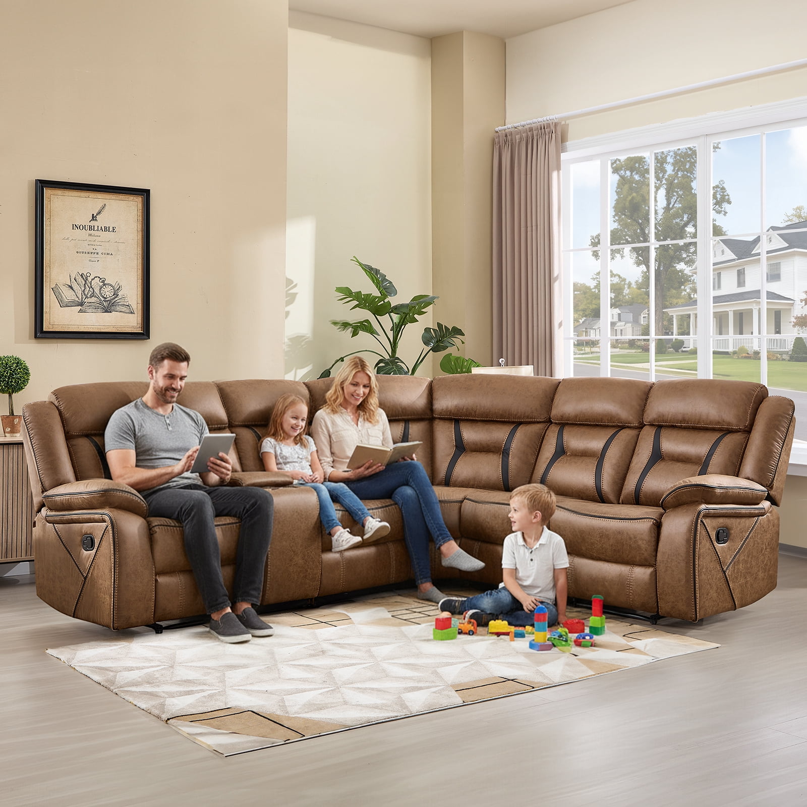 Bonzy Home 5‑Seat Reclining Chair Sofa with Center Console, Hidden Storage & Cup Holders Couch for Living Room & Meeting Room