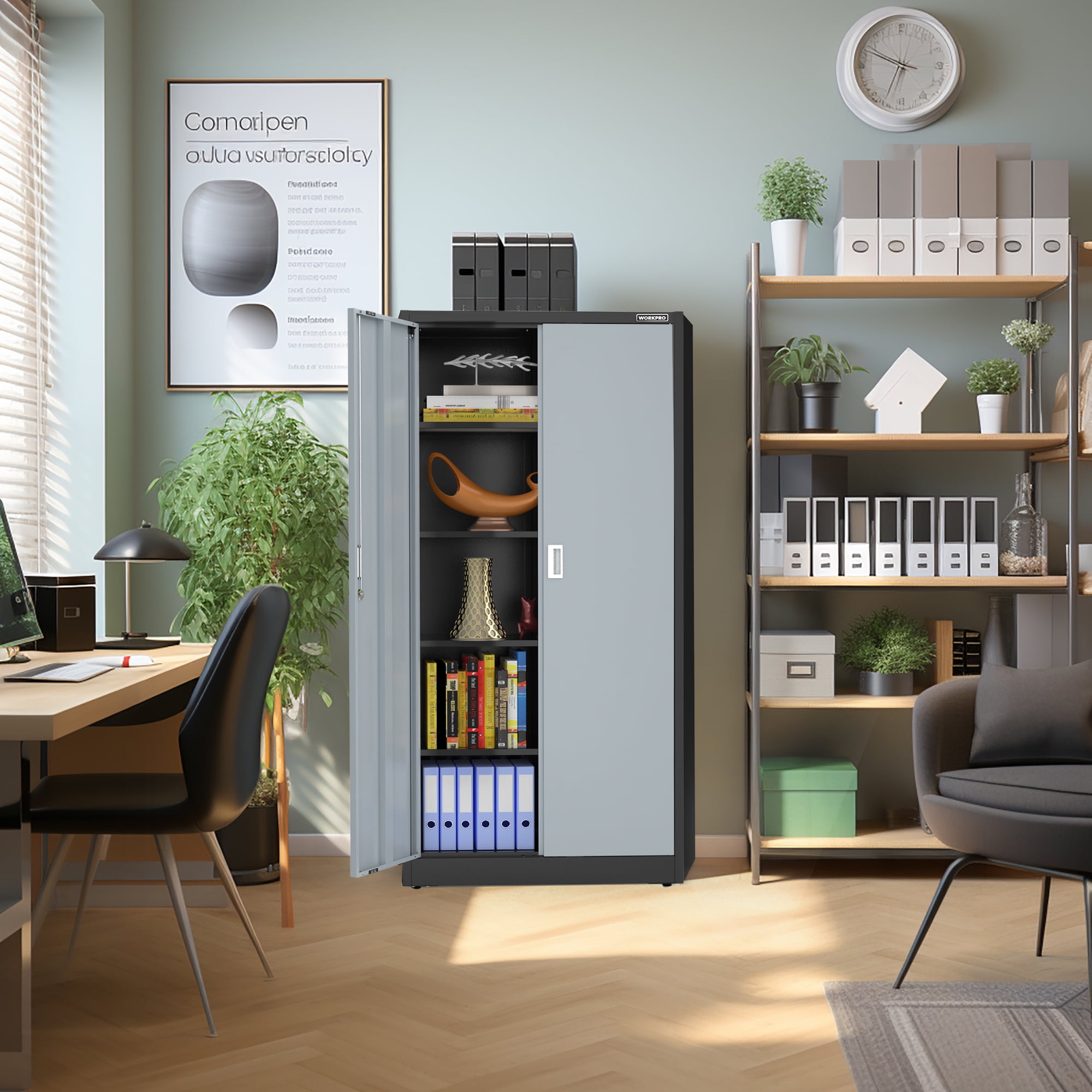 WORKPRO Metal Garage Cabinet with 5-Shelf, 5-Drawers, Freestanding Garage Cabinet, Solid Packed, Black & Gray, 1 Count