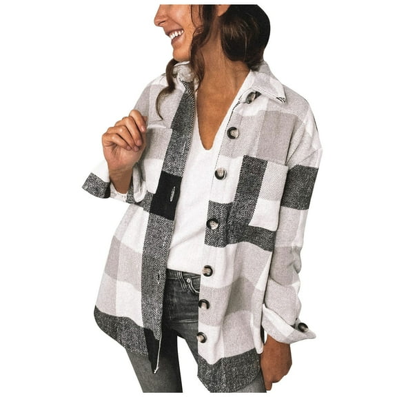 Futezty Womens Long Sleeve Plaid Shirts Flannel Lapel Button Down Shacket Jacket Coats