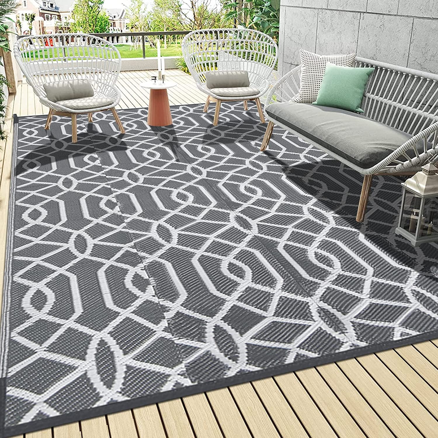Findosom 9'x 12' Gray Large Outdoor Rug RV Outdoor Rug Reversible