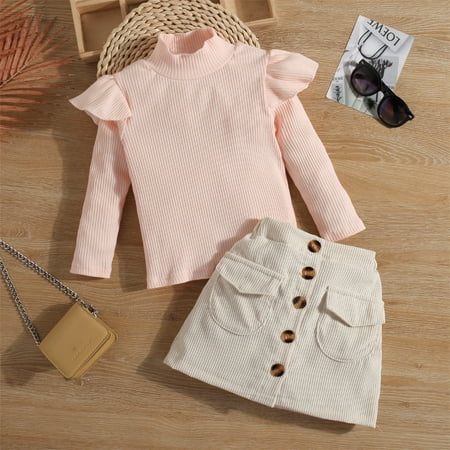 

1-6 T Toddler Girls Skirt Outfit Kids Girls Long Sleeve Ribbed Top+ A-line mini Skirt Set-2PC Pink 4-5 Years