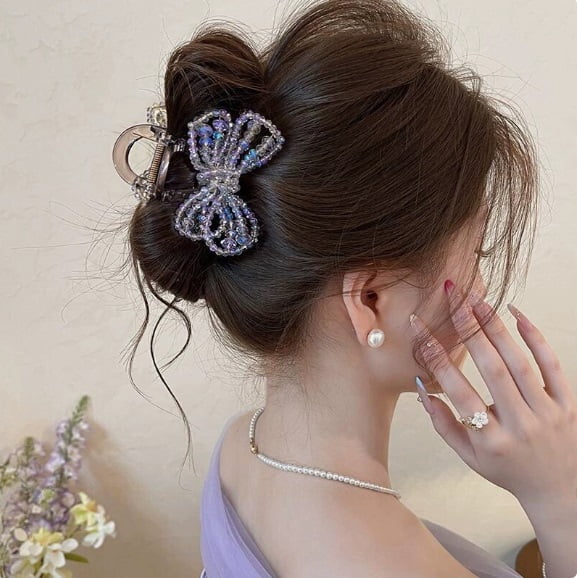 Blue Bow-Shaped Shark Clip - Strong Grip Hair Claw for All Hair Types, Elegant Design for Daily Use, Work, and Date Night