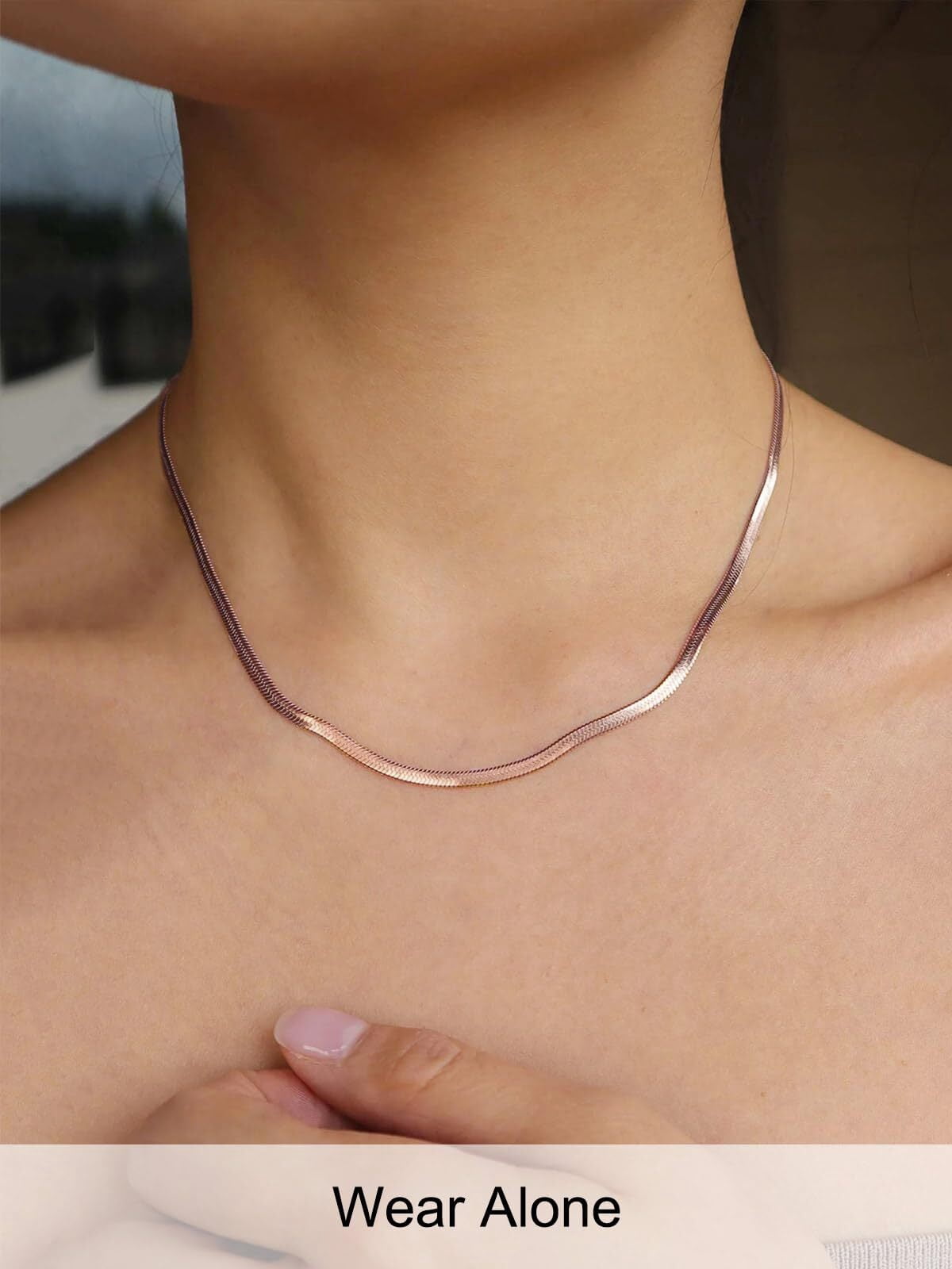FOCALOOK Flat Snake Chain for Women Stainless Steel Rose Gold Plated Herringbone Choker Necklace Jewelry Birthday Christmas Valentine's Day Gifts 3MM 18 Inches