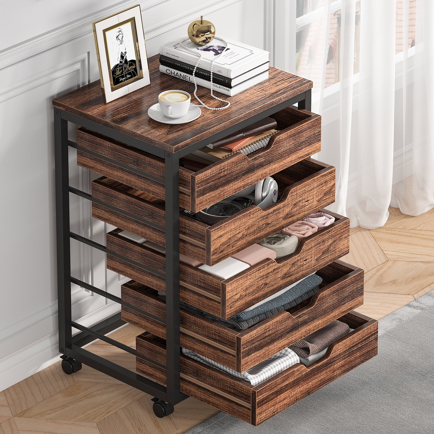 Tribesigns Industrial 5-Drawer Dresser for Bedroom, Small Portable Chest of Drawers with Wheels and Metal Frame for Living Room, Rustic Brown