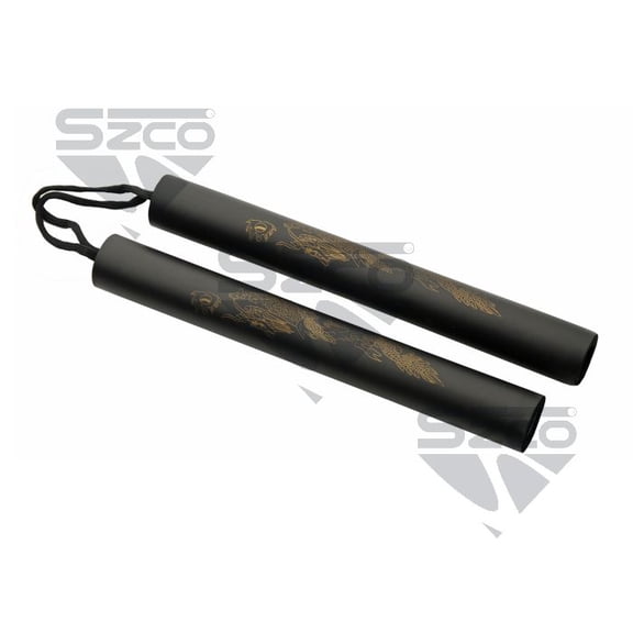 SZCO 10" Black Foam Nunchucks with Gold Dragon Decal, Lightweight Padded Design with Paracord, Decorative Prop