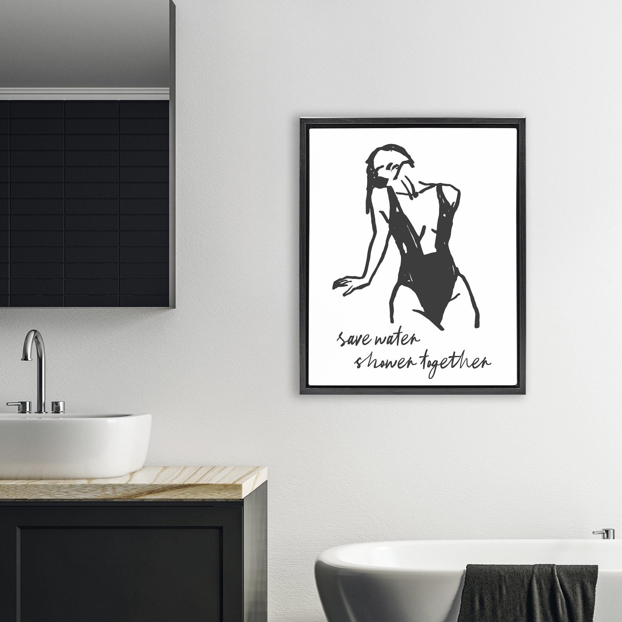 Stupell Industries Save Water Shower Together Black Framed Floater Canvas Wall Art, design by Lettered and Lined