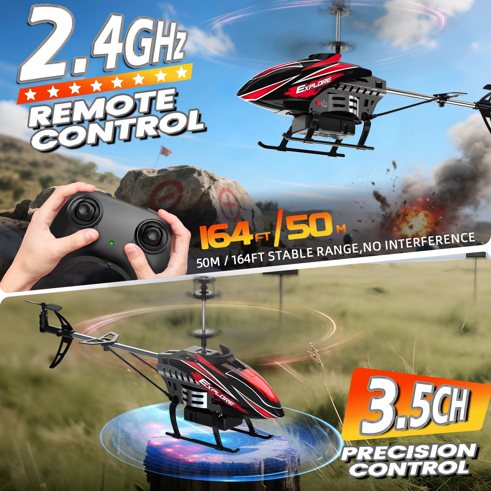 Wefone Remote Control Helicopter for Kids with Altitude Hold, 7 LED Light Modes, 2 Batteries, Red