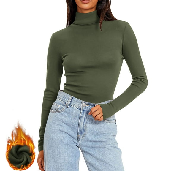 APEXFWDT Women's Fitted Turtleneck Thermal Top Long Sleeve Light Fleece Base Layer Solid Innerwear for Cold Weather,L,Army Green