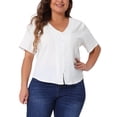 thumbnail image 4 of Camisa casual de verano de mujer plus size Agnes Orinda, con cuello en V, mangas cortas y botones, talla 1X, color blanco, 4 of 6