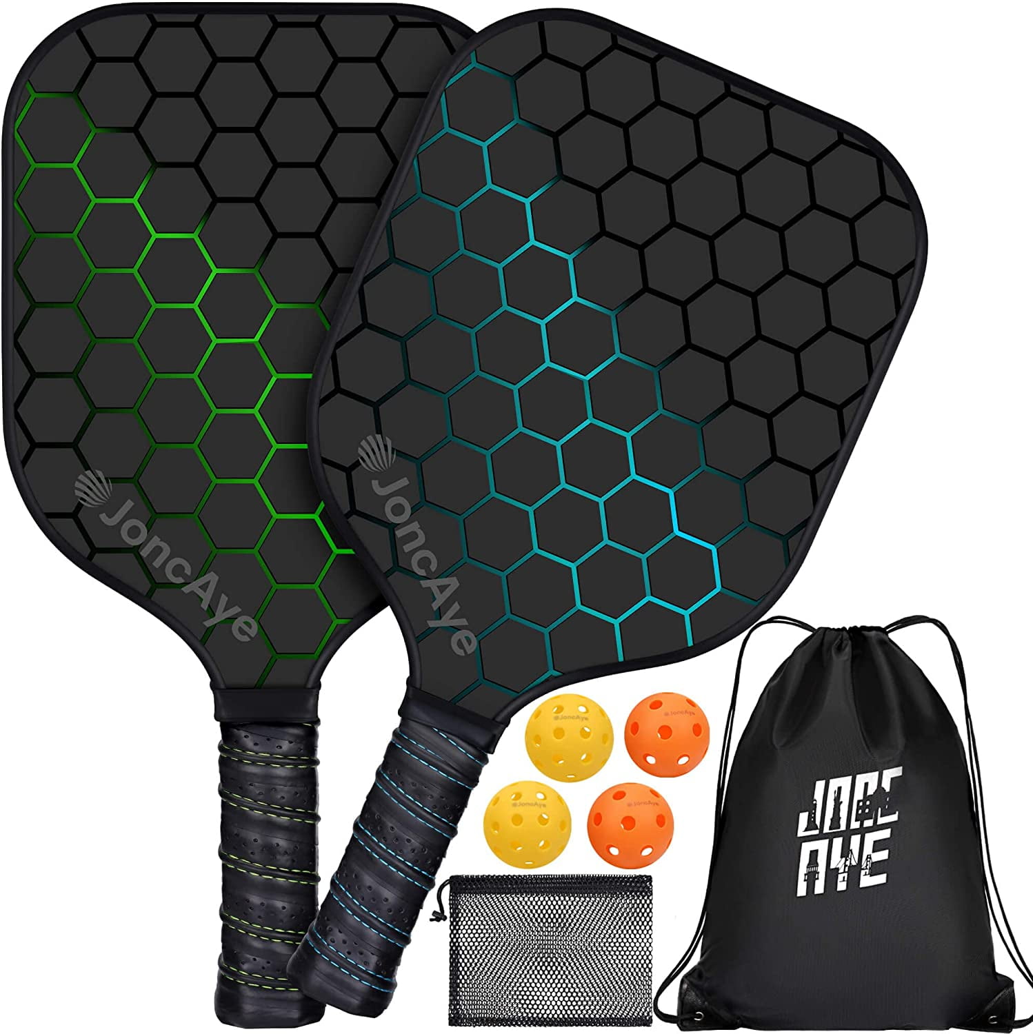 JoncAye Pickleball Set of 2 Lightweight Paddles, 4 Balls, 1 Racket Bag