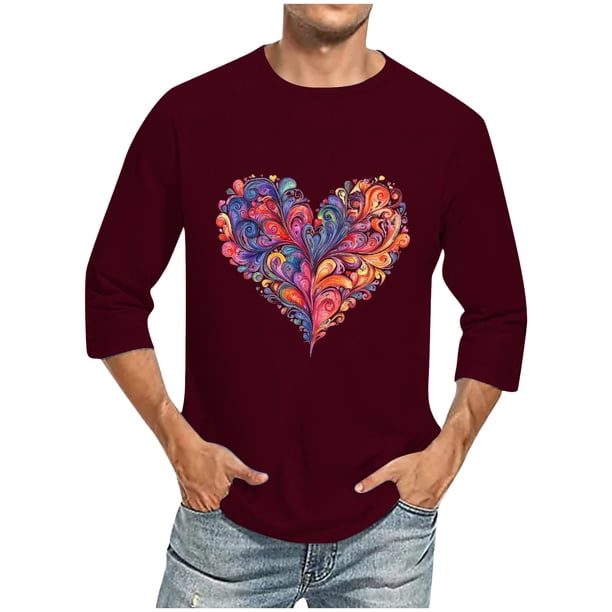Camisas de Manga Larga para los Hombres Día de San Valentín Impresión Cuello Redondo Moda Casual, Mezcla de Poliéster de Lino de Algodón para Primavera Verano