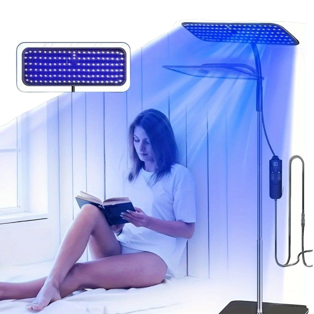 Standing Tanning Lamp for Home Use, 450nm 460nm Blue Light Indoor Tanning Light with Adjustable 360° Lamp Head, Line Controller, 5 Brightness Levels, Timer Control for Face and Body