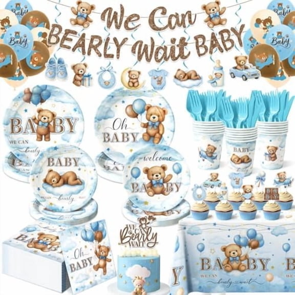 205 Pcs Blue Bear Baby Shower Decorations Boy - Serve 24, Baby Boy Party Supplies Set with Banner, Plates, Napkins, Tablecloth, Balloons, Swirls, Cake Toppers$$Home Decor, Kitchen, & Other