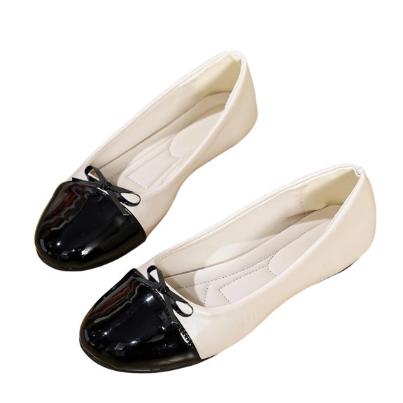Gpaecead Women's Bow Ballet Flats Patent Leather Toe Cushioned Slip On Non Slip Flexible Sole Shoe For Commute And Office, Beige