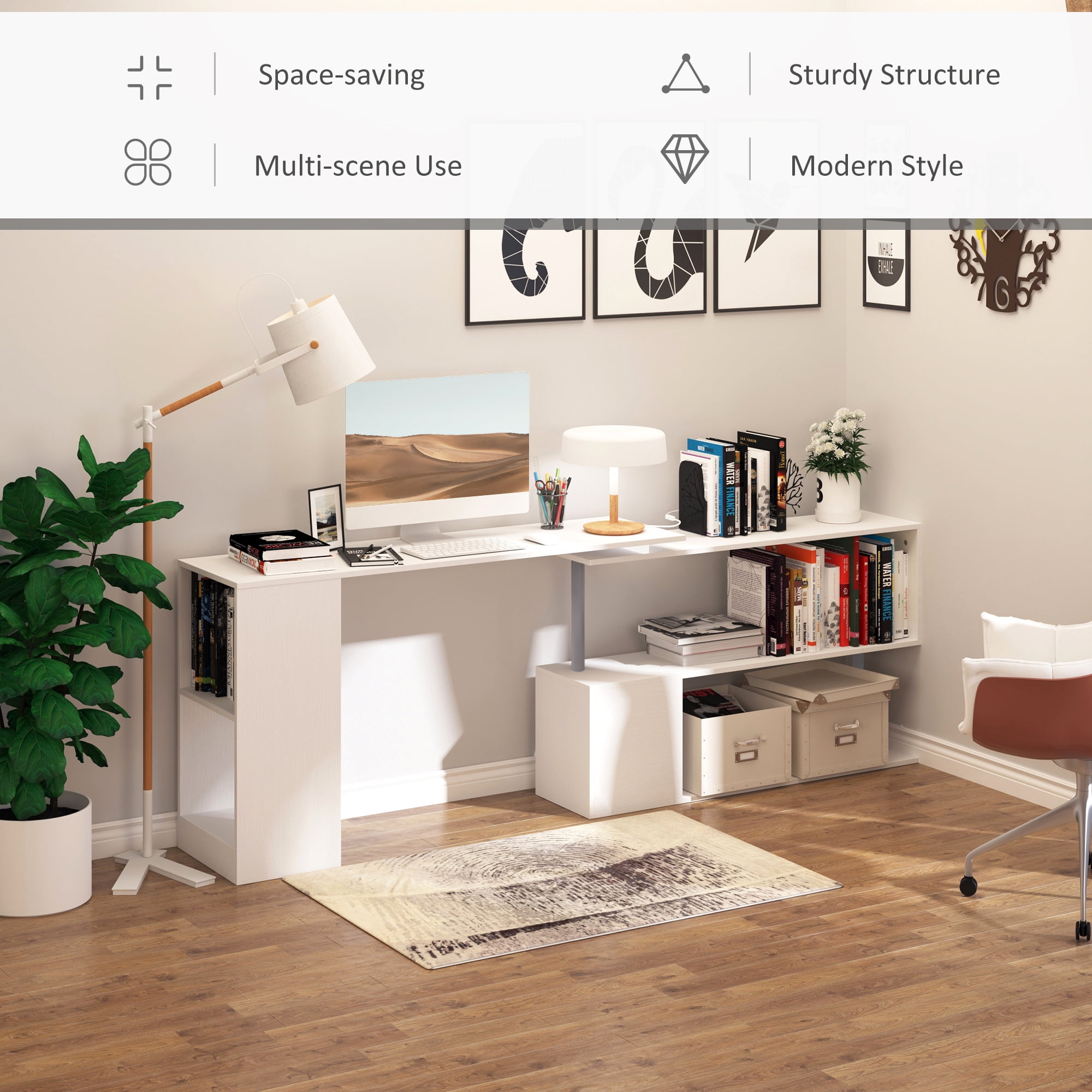 Office Desks 55" 360° Rotating Corner Computer Desk Modern L-Shaped Home Office Workstation with 3-Tier Storage Shelves, Bookshelf, White,Wooden Office Desks