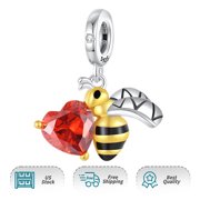 ROSIANNA 925 Sterling Silver Enamel Bee Red Heart Stone Dangle Charm For Bracelets