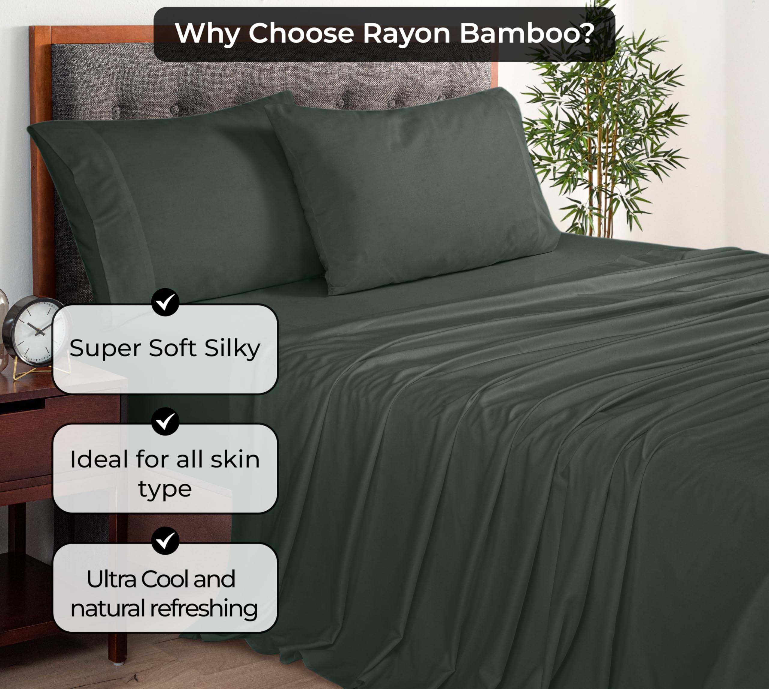 Royale Linens Bamboo Queen Flat Sheets Only - Cooling Sheets - Organic Viscose Derived from Bamboo - Queen Size Flat Sheet Only - Top Sheet - Breathable & Silky Bedding (Queen, Grey)