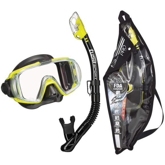 TUSA Sport Adulto Visio Tri-Ex Máscara y Snorkel Seco Combo Negro/Amarillo (UC-3125PQB-FY)