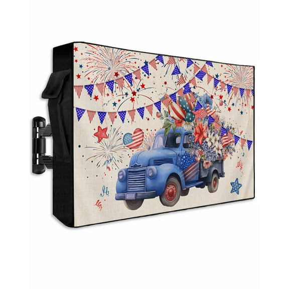 4th of July Outdoor TV Cover 52 to 55 Inch Weatherproof, Blue Truck Star Independence Day Rustic 600D Oxford TV Covers with Waterproof Zipper, Outside Flat TV Screen Protector Size 52"Wx19"Hx4.5"D