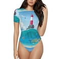 thumbnail image 2 of Uemuo Lighthouse Sea Port Pattern Women's One Piece Short Sleeve Swimsuit Rash Guard Surfing Modest Quick-drying Swimsuit Beach Essentials-X-Large, 2 of 9
