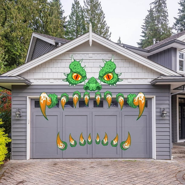 Decoraciones de cara de monstruo de Halloween, ojos grandes, colmillos, fosas nasales, decoraciones para puertas de garaje de Halloween, arco al aire libre, ventana, coche, decoraciones para fiestas