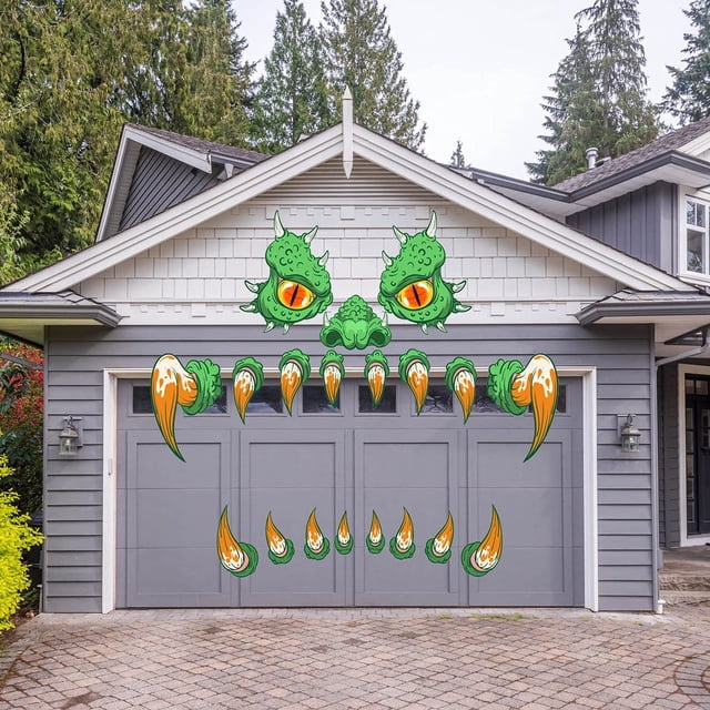 Decoraciones de caras de monstruo de Halloween, ojos grandes, colmillos, fosas nasales, decoraciones de Halloween para puertas de garaje, arcos para exteriores, ventanas, automóviles,