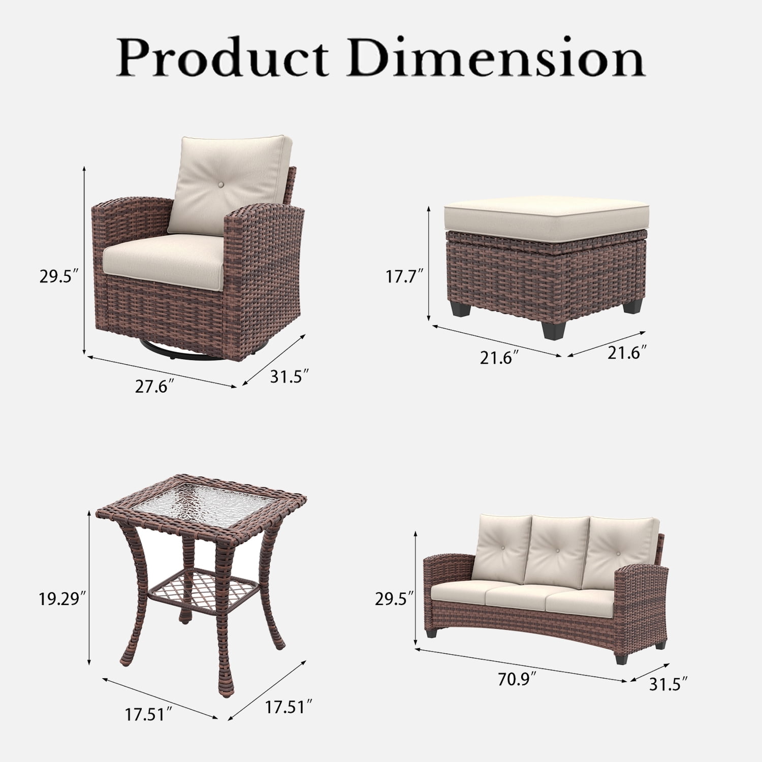 Layinsun 6 Pieces Patio Furniture Set with Swivel Chairs, Rattan Wicker Rocking Glide Chairs with Ottomans Conversation Set