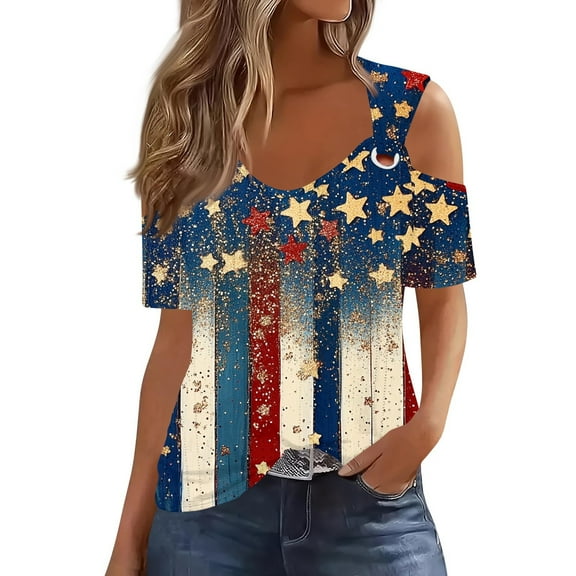 Trendy 2025 Spring Patriotic Casual Blouses, Short Sleeve Shirts For Women 4Th Of July Outfits Tops Ladies And Blouses Summer Dress Dresses Womens Black Vacation Mini Beach Blue