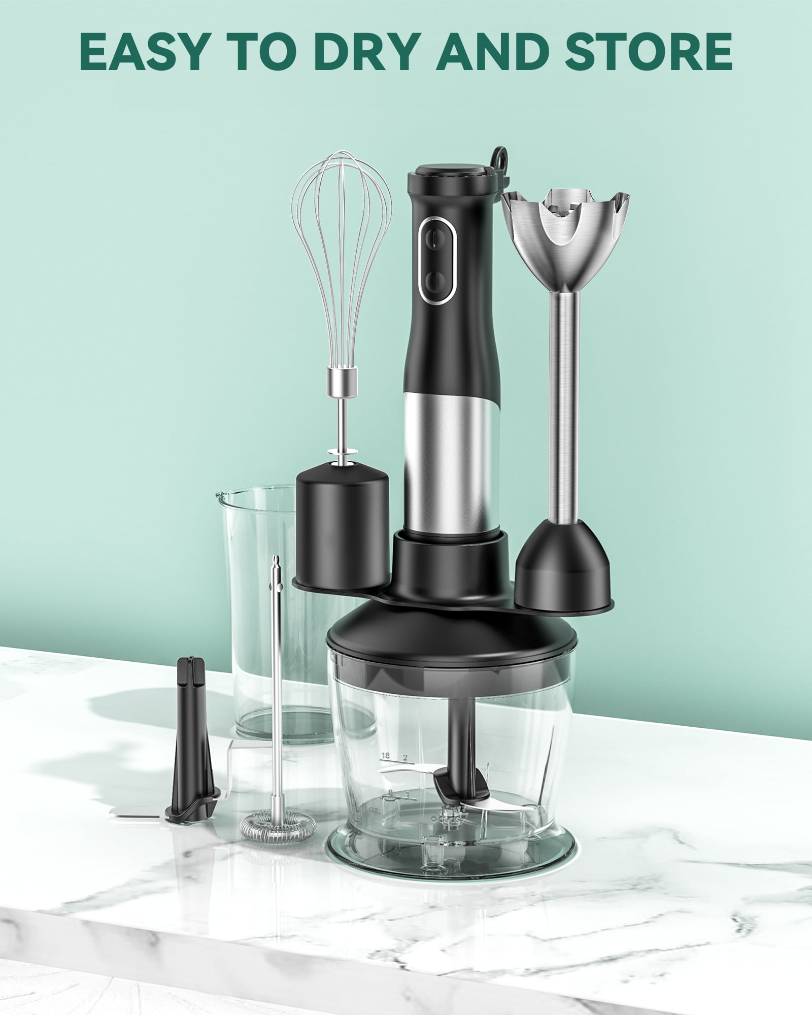 Immersion Blender, LINKChef 20-Speed 7-in-1 Hand Blender with Storage Bracket, Stick Blender with 304 Stainless Steel Blades, 600ml Beaker (Black)