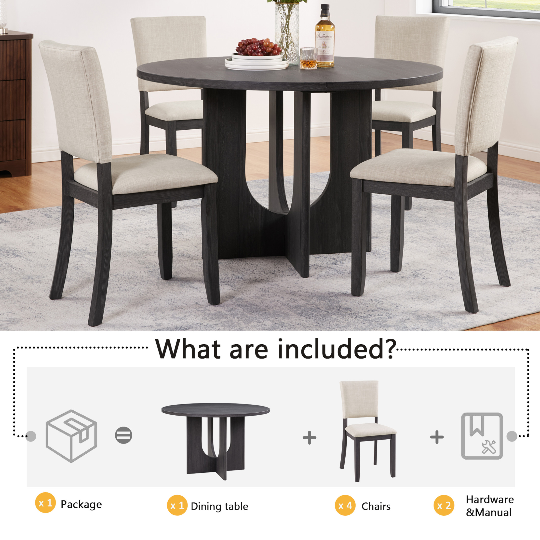 Noble House 47.3" Round Dining Table with Upholstered Chairs, Modern 5-Piece Dining Set, Antique Black+Beige