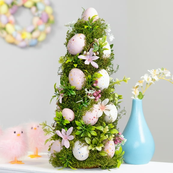 Floral and Foliage Easter Egg Tree - 14" - Pink and White