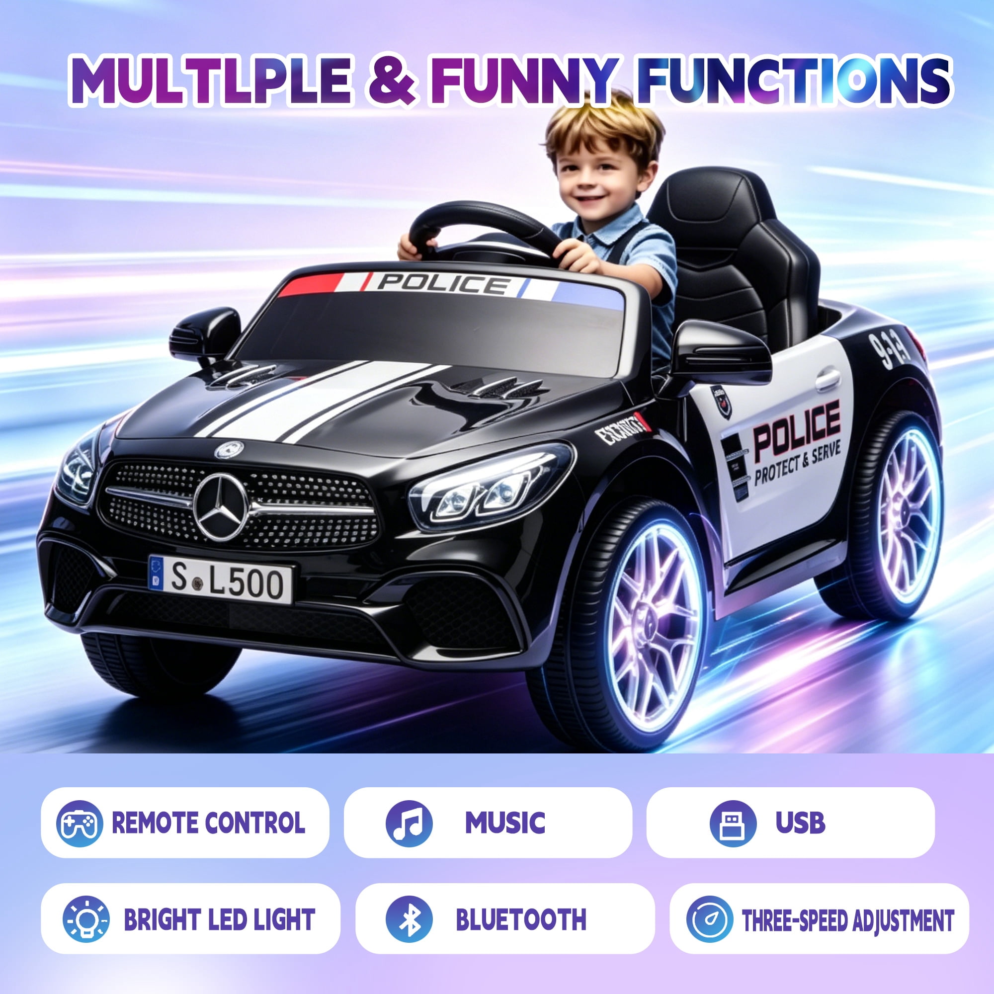 Xuanlur 12V Power Ride on Toys for Toddlers, Licensed Mercedes-Benz Ride on Cars for Kids, Kid Electric Car, Aged 1-4Y, Black Police Car