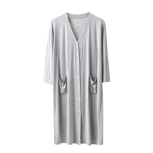 Modal Long Nightgown for Mens Front Buckle V Neck Pjs Tops Loose Fit Sleepwear Solid Basic Sleepwear with Pockets Bathrobe Ultra Soft Textured Quick Dry Loungewear