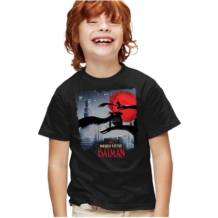 Merry Little Batman Skyline Kids T Shirt for Youth Boys and Girls, Black, Medium