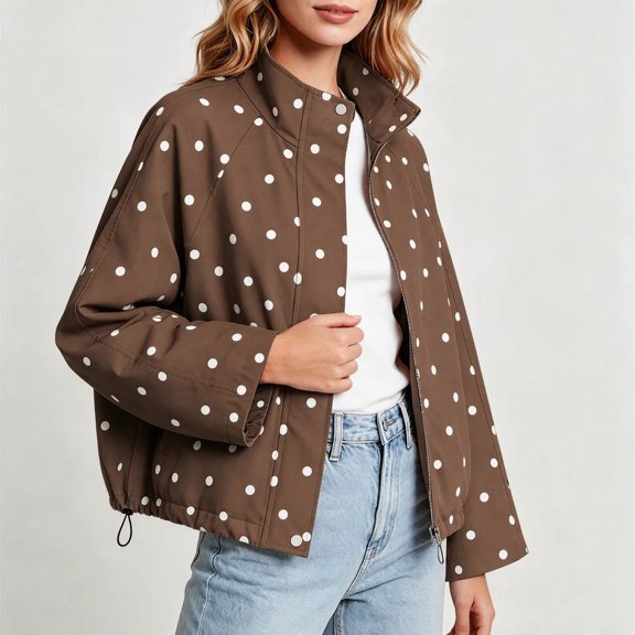 Sheghy Women Polka‑Dot Zip Up Lapel Jacket Drawstring Hem Relaxed Fit Lightweight Outerwear with Side Pockets Fall