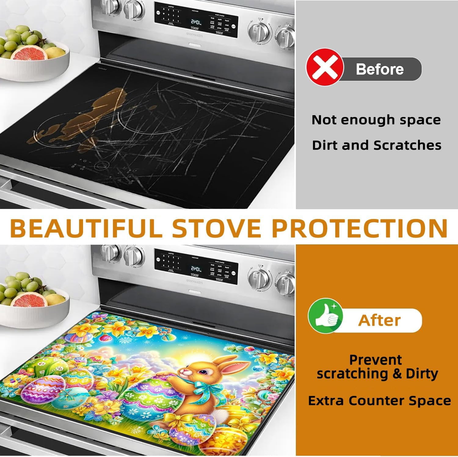 Colorful Easter Bunny Electric Stove Top Cover,Spring Garden Rabbit Heat Resistant Glass Stove Top Cover for Electric Stove – Easter Eggs Glass Cooktop Protector Expands Usable Space