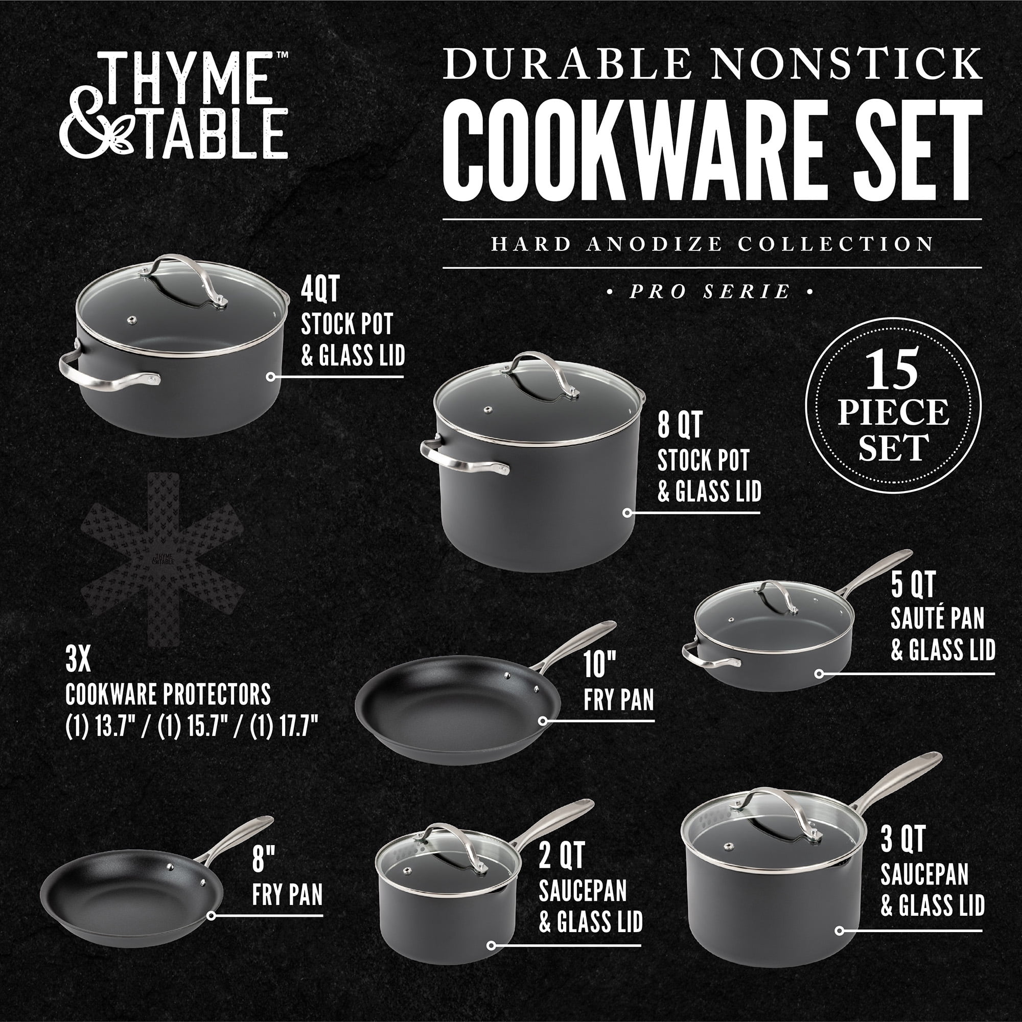 Thyme & Table Non-Stick 15-Piece Cookware Set Hard Anodized Aluminum - 2