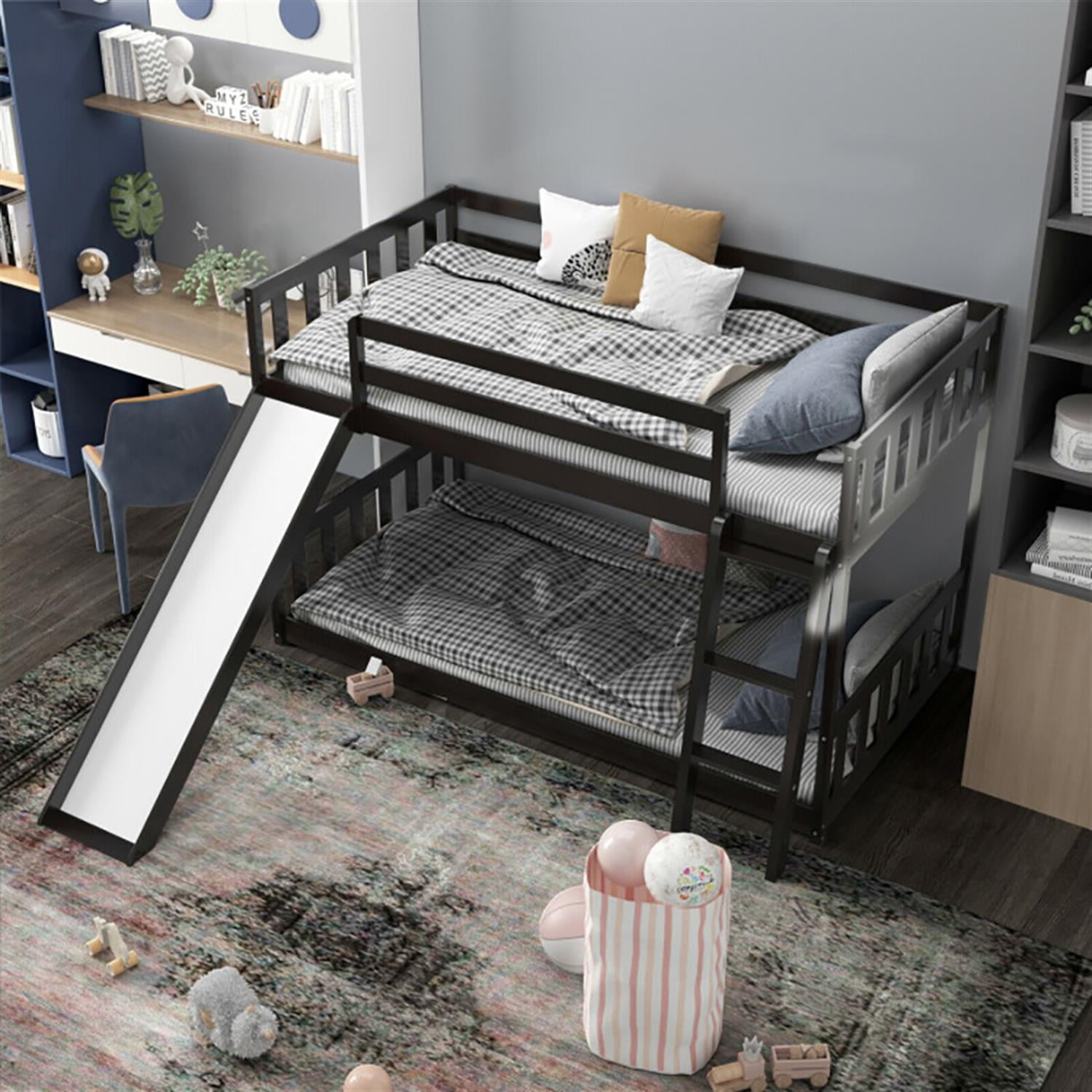 Demi Bonn Twin Over Twin Bunk Bed with High Guardrails and Slide Ladder, Twin Bunk Solid Wood Low Beds, Bed Frame, Brown