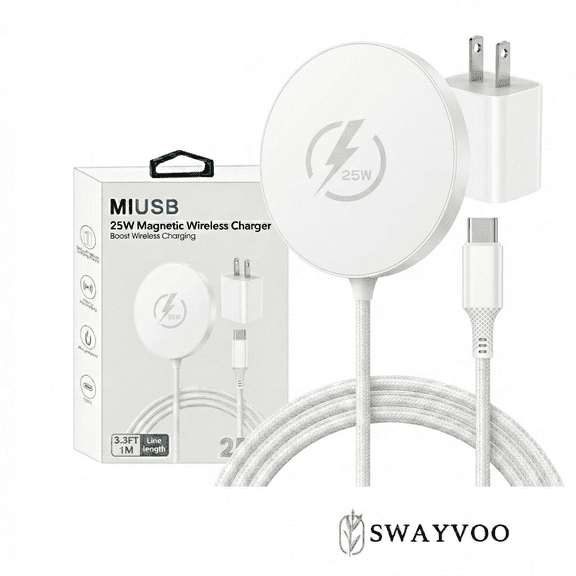 Swayvoo 25W Qi2.2 Fast Wireless Charging Pad for MagSafe, Portable Magnetic Wireless Charger for iPhone 17/16/15 Series with 3.3ft Cable White