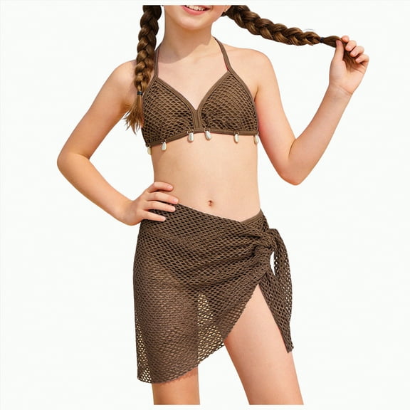 TOWED22 Girls Swimsuit 3 Piece Teens Bathing Suit Tropical Print Bikini Sets Twist Cross Girls' Swimwear with Shorts(Coffee,10-11 Y)