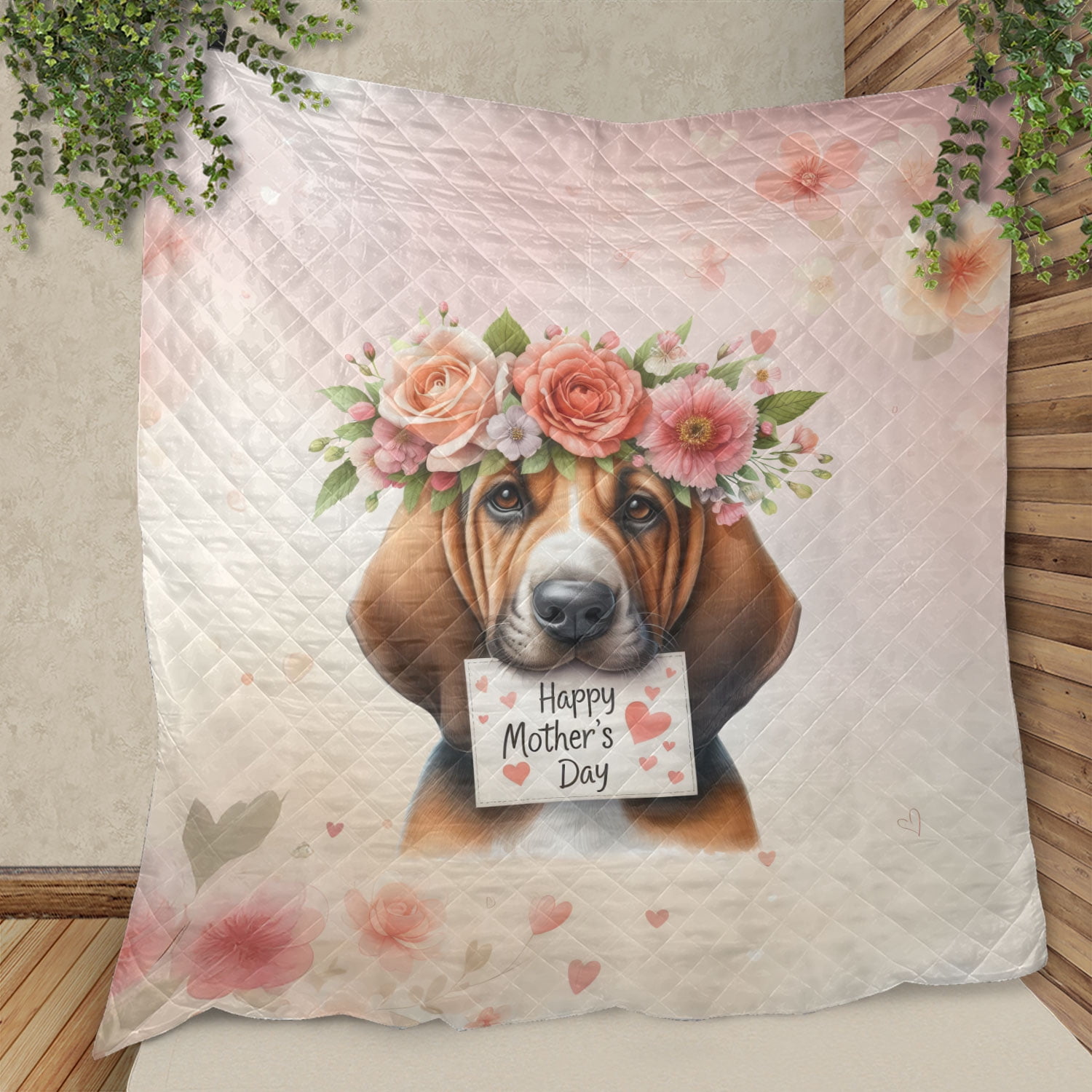 Happy Mother's Day Bloodhound with Flower Crown and Greeting Card Quilt Blanket Dog Lover Cozy Comforter Throw Blanket - 13004