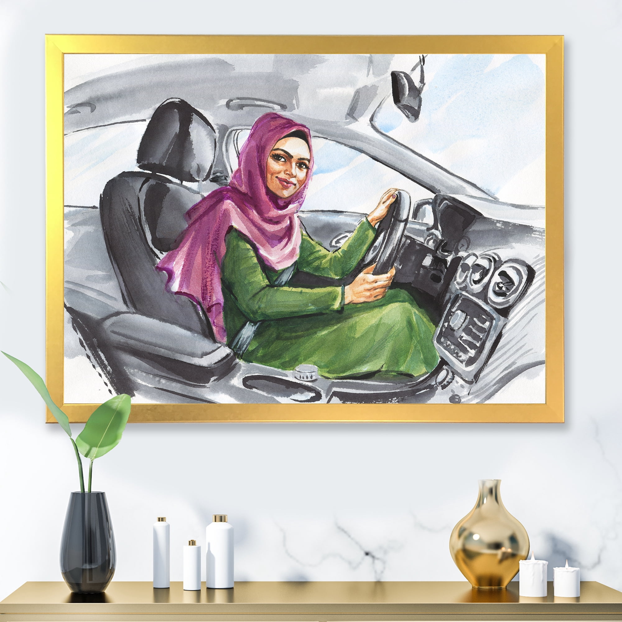 Designart 'Arabian Lady Driving A Car II' Modern Framed Art Print